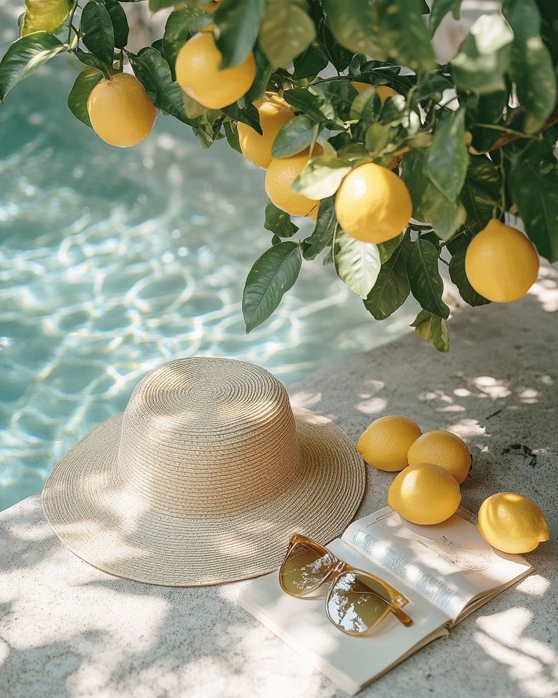 Straw hat beside fresh lemons