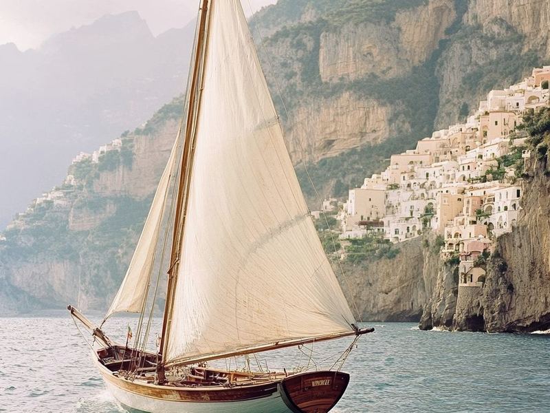 A classic sailboat gliding beneath steep coastal cliffs