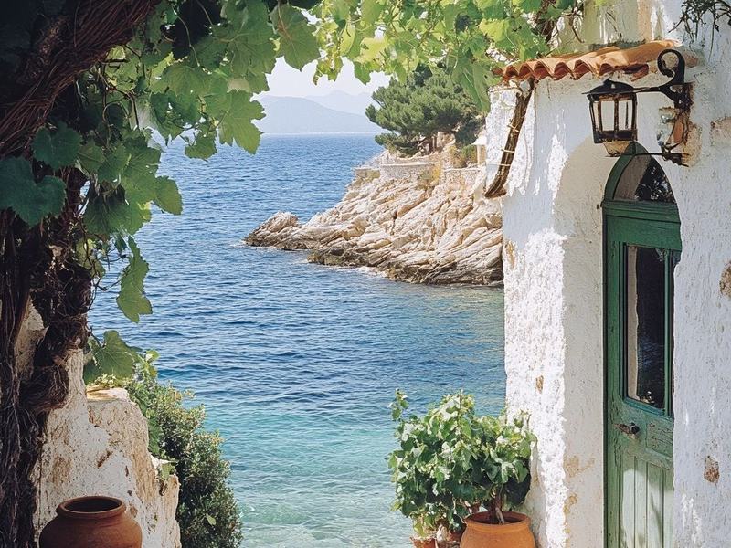 A vine-covered stone path leading past a whitewashed doorway to the sea